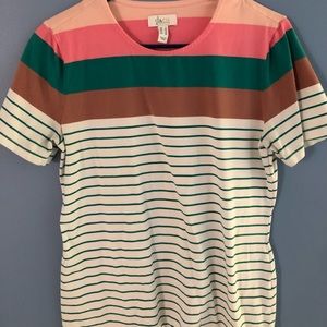 Denim & Company Ladies Short Sleeve Top Green Peach Stripes Women’s Small QVC